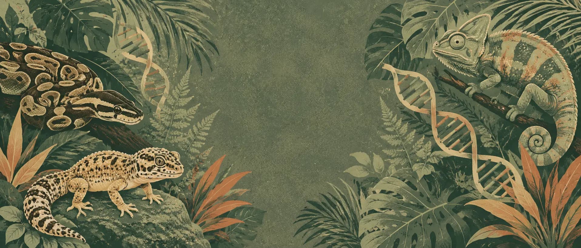 Reptiles and DNA helices among tropical foliage