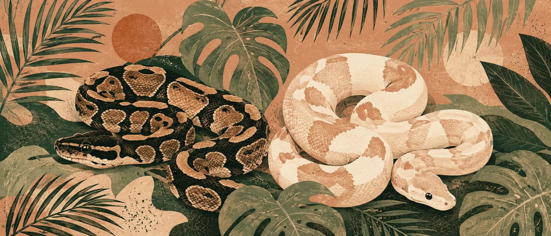 Wild-type and pale morph ball pythons among foliage
